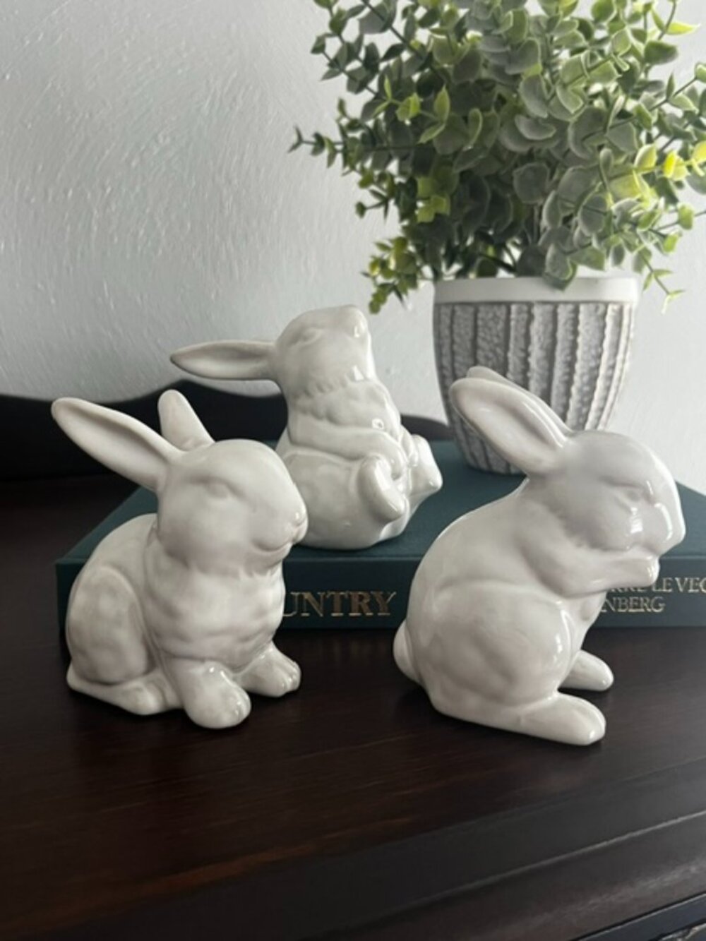 White Ceramic Bunny Figurines Playful Rabbit - Set of 3